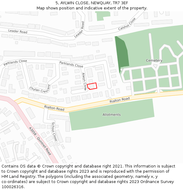 5, AYLWIN CLOSE, NEWQUAY, TR7 3EF: Location map and indicative extent of plot