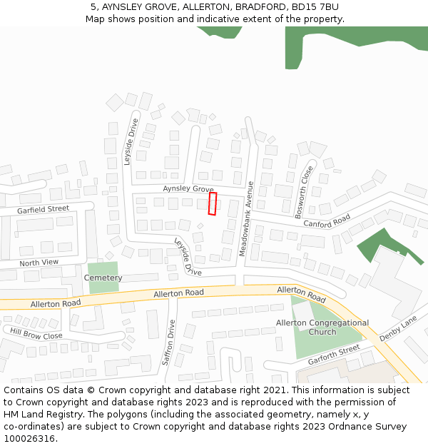 5, AYNSLEY GROVE, ALLERTON, BRADFORD, BD15 7BU: Location map and indicative extent of plot
