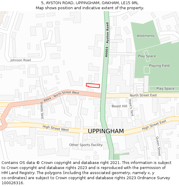 5, AYSTON ROAD, UPPINGHAM, OAKHAM, LE15 9RL: Location map and indicative extent of plot
