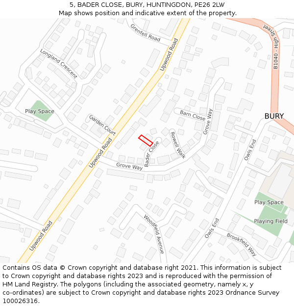 5, BADER CLOSE, BURY, HUNTINGDON, PE26 2LW: Location map and indicative extent of plot