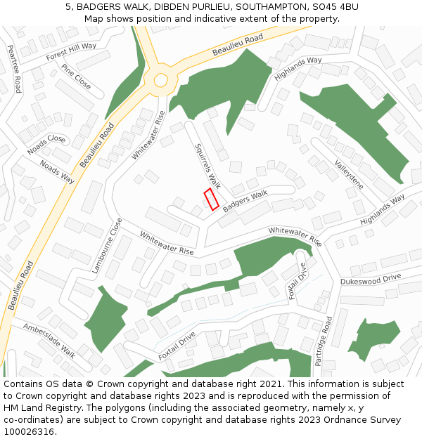 5, BADGERS WALK, DIBDEN PURLIEU, SOUTHAMPTON, SO45 4BU: Location map and indicative extent of plot