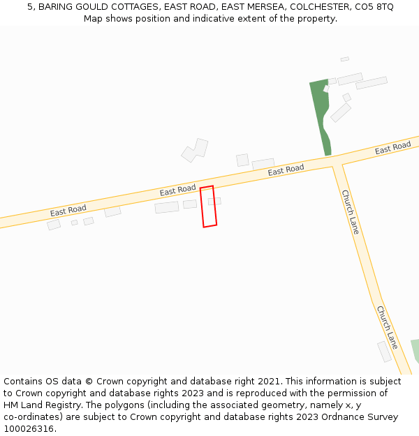 5, BARING GOULD COTTAGES, EAST ROAD, EAST MERSEA, COLCHESTER, CO5 8TQ: Location map and indicative extent of plot