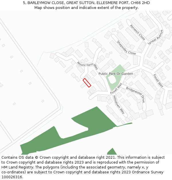 5, BARLEYMOW CLOSE, GREAT SUTTON, ELLESMERE PORT, CH66 2HD: Location map and indicative extent of plot