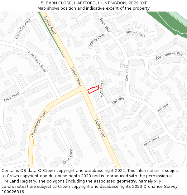 5, BARN CLOSE, HARTFORD, HUNTINGDON, PE29 1XF: Location map and indicative extent of plot