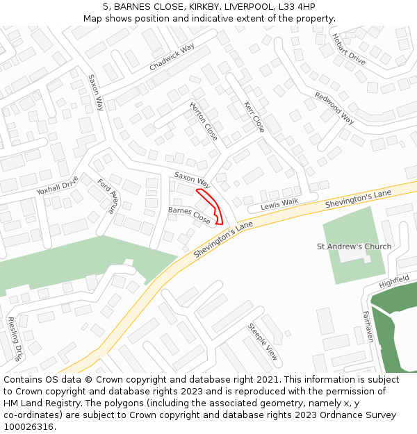 5, BARNES CLOSE, KIRKBY, LIVERPOOL, L33 4HP: Location map and indicative extent of plot