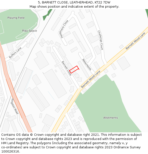 5, BARNETT CLOSE, LEATHERHEAD, KT22 7DW: Location map and indicative extent of plot