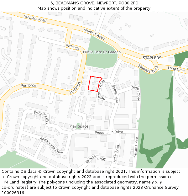 5, BEADMANS GROVE, NEWPORT, PO30 2FD: Location map and indicative extent of plot