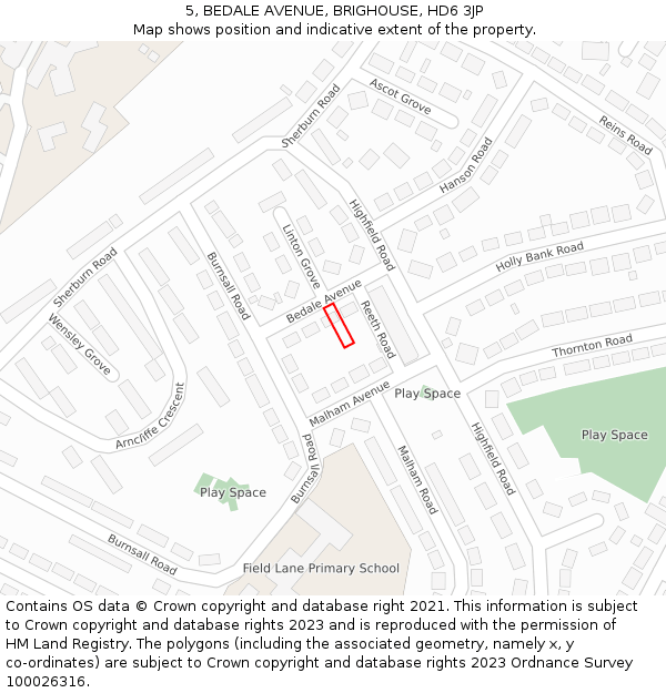 5, BEDALE AVENUE, BRIGHOUSE, HD6 3JP: Location map and indicative extent of plot
