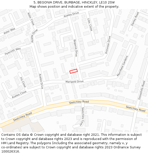 5, BEGONIA DRIVE, BURBAGE, HINCKLEY, LE10 2SW: Location map and indicative extent of plot