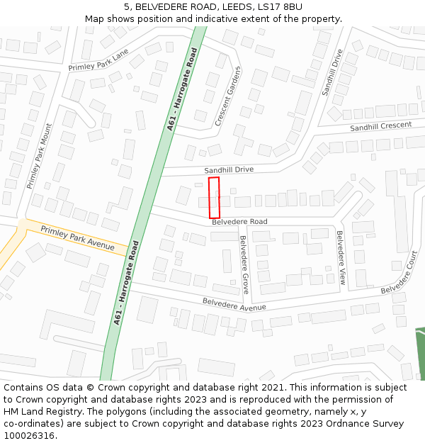 5, BELVEDERE ROAD, LEEDS, LS17 8BU: Location map and indicative extent of plot