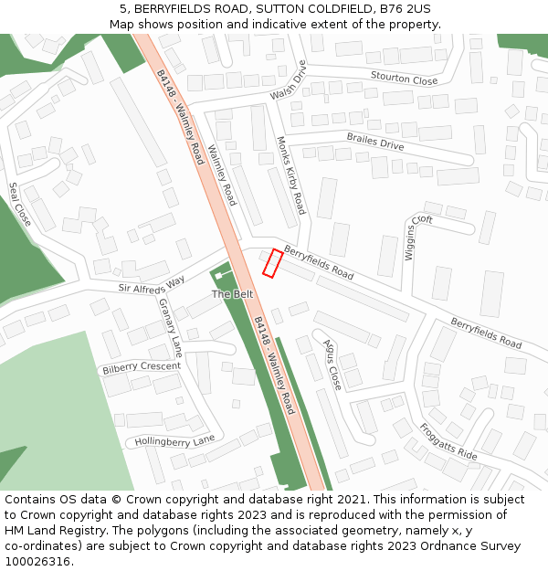 5, BERRYFIELDS ROAD, SUTTON COLDFIELD, B76 2US: Location map and indicative extent of plot