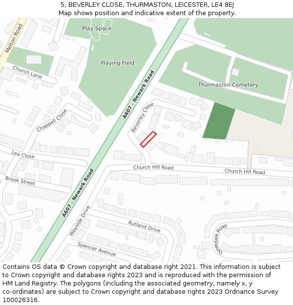 5, BEVERLEY CLOSE, THURMASTON, LEICESTER, LE4 8EJ: Location map and indicative extent of plot