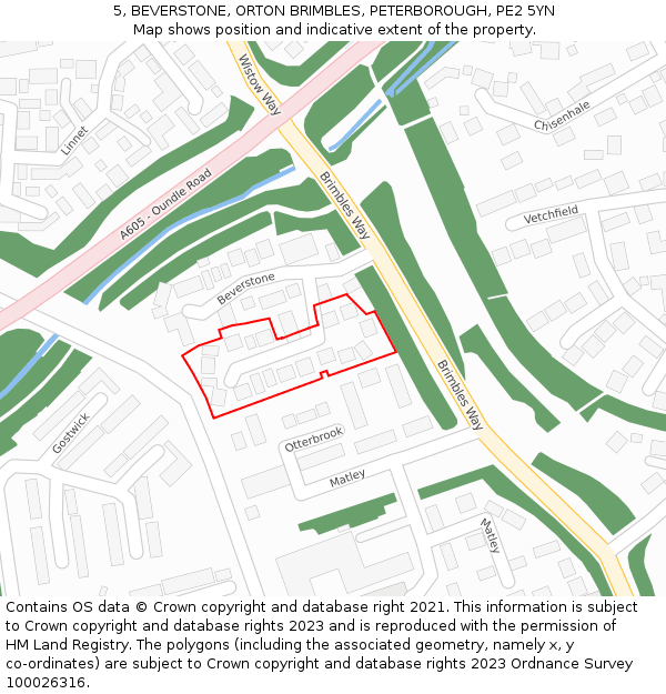 5, BEVERSTONE, ORTON BRIMBLES, PETERBOROUGH, PE2 5YN: Location map and indicative extent of plot