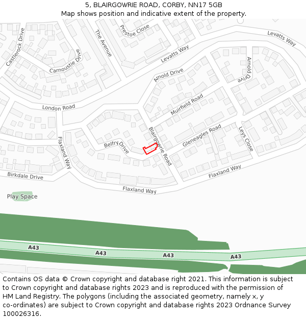 5, BLAIRGOWRIE ROAD, CORBY, NN17 5GB: Location map and indicative extent of plot