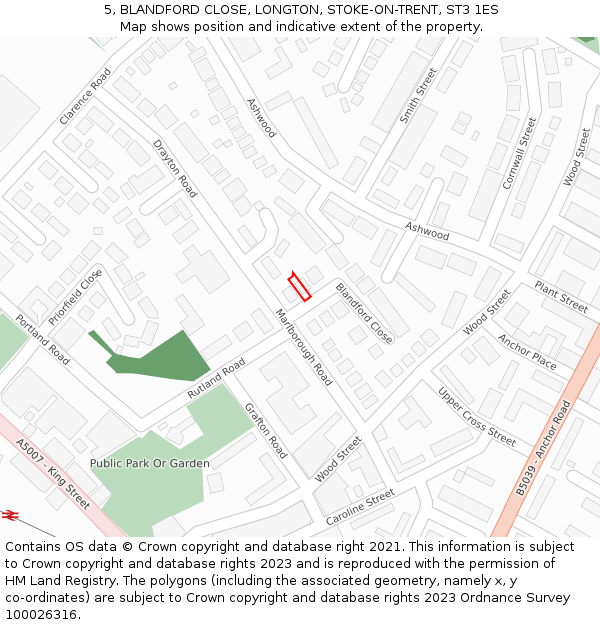 5, BLANDFORD CLOSE, LONGTON, STOKE-ON-TRENT, ST3 1ES: Location map and indicative extent of plot