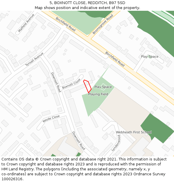 5, BOXNOTT CLOSE, REDDITCH, B97 5SD: Location map and indicative extent of plot