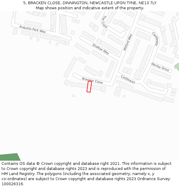 5, BRACKEN CLOSE, DINNINGTON, NEWCASTLE UPON TYNE, NE13 7LY: Location map and indicative extent of plot