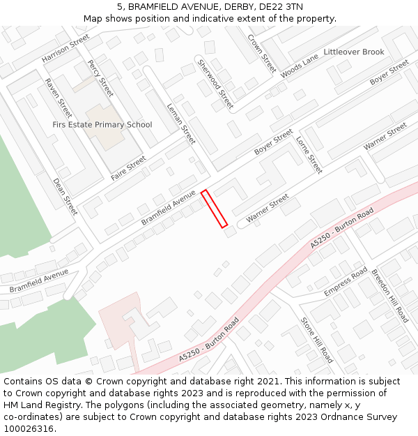 5, BRAMFIELD AVENUE, DERBY, DE22 3TN: Location map and indicative extent of plot