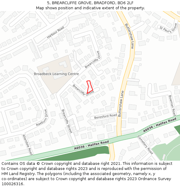 5, BREARCLIFFE GROVE, BRADFORD, BD6 2LF: Location map and indicative extent of plot