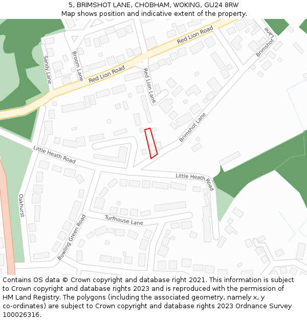 5, BRIMSHOT LANE, CHOBHAM, WOKING, GU24 8RW: Location map and indicative extent of plot