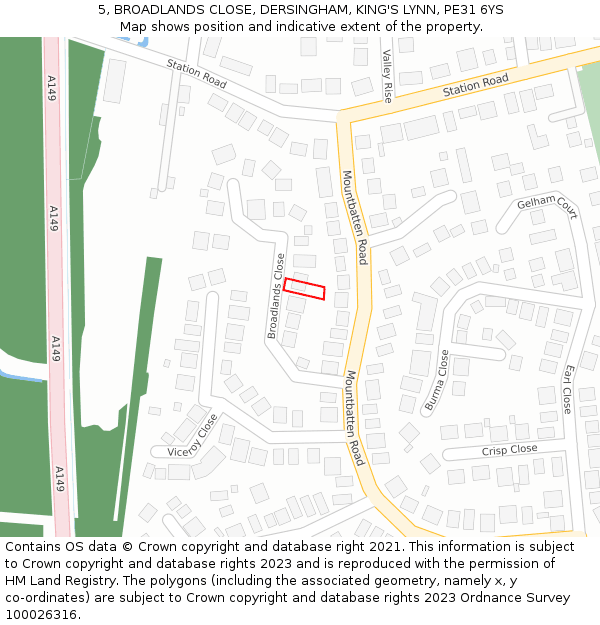 5, BROADLANDS CLOSE, DERSINGHAM, KING'S LYNN, PE31 6YS: Location map and indicative extent of plot