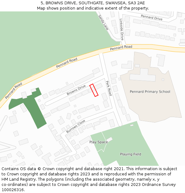 5, BROWNS DRIVE, SOUTHGATE, SWANSEA, SA3 2AE: Location map and indicative extent of plot