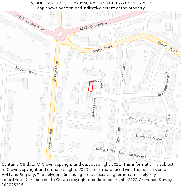 5, BURLEA CLOSE, HERSHAM, WALTON-ON-THAMES, KT12 5HB: Location map and indicative extent of plot