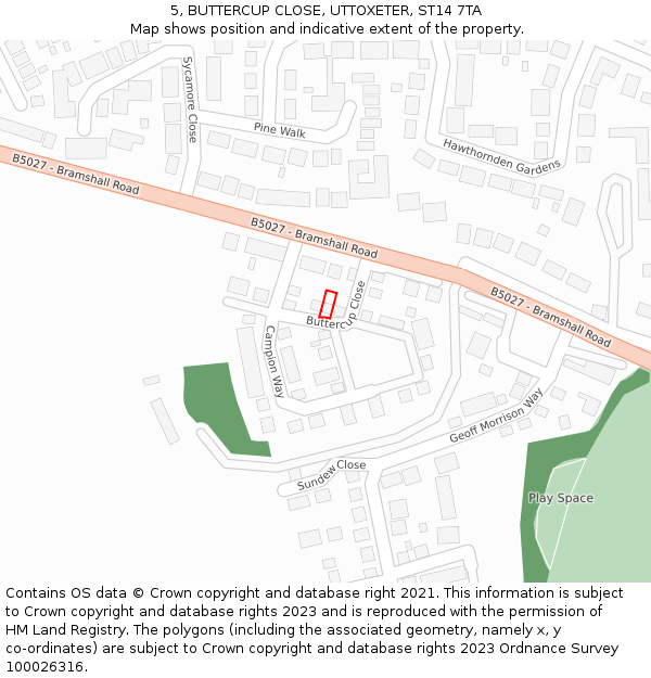 5, BUTTERCUP CLOSE, UTTOXETER, ST14 7TA: Location map and indicative extent of plot