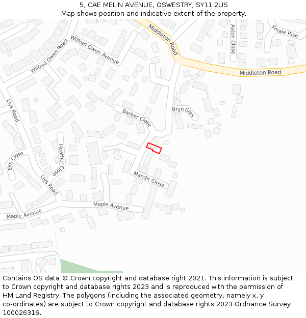 5, CAE MELIN AVENUE, OSWESTRY, SY11 2US: Location map and indicative extent of plot