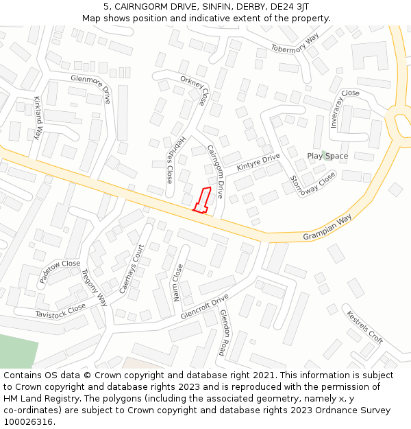 5, CAIRNGORM DRIVE, SINFIN, DERBY, DE24 3JT: Location map and indicative extent of plot