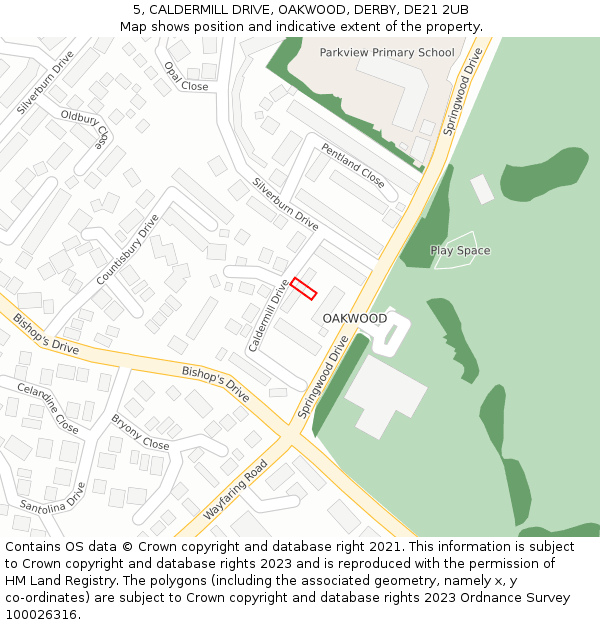 5, CALDERMILL DRIVE, OAKWOOD, DERBY, DE21 2UB: Location map and indicative extent of plot