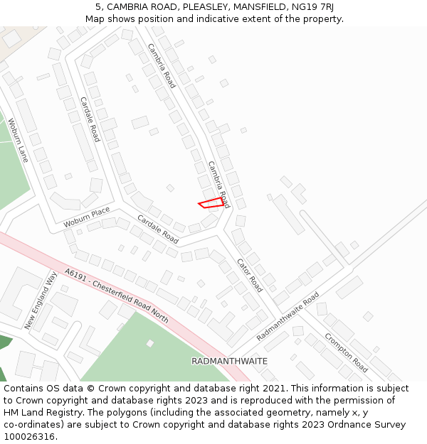 5, CAMBRIA ROAD, PLEASLEY, MANSFIELD, NG19 7RJ: Location map and indicative extent of plot