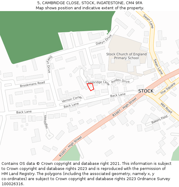 5, CAMBRIDGE CLOSE, STOCK, INGATESTONE, CM4 9FA: Location map and indicative extent of plot