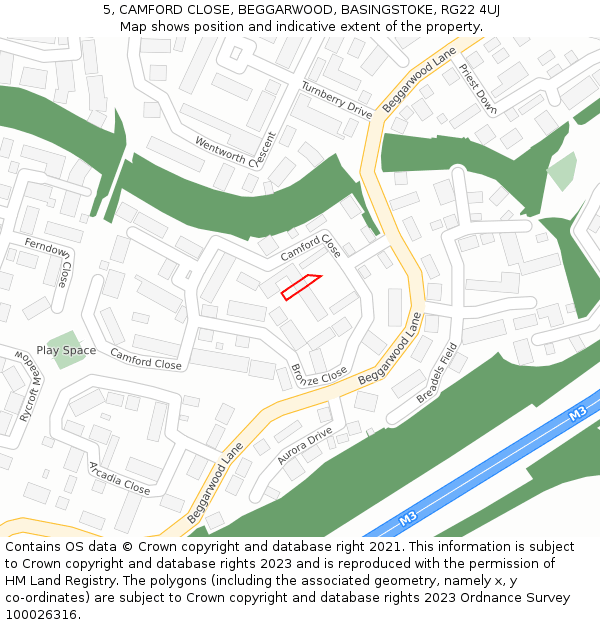 5, CAMFORD CLOSE, BEGGARWOOD, BASINGSTOKE, RG22 4UJ: Location map and indicative extent of plot