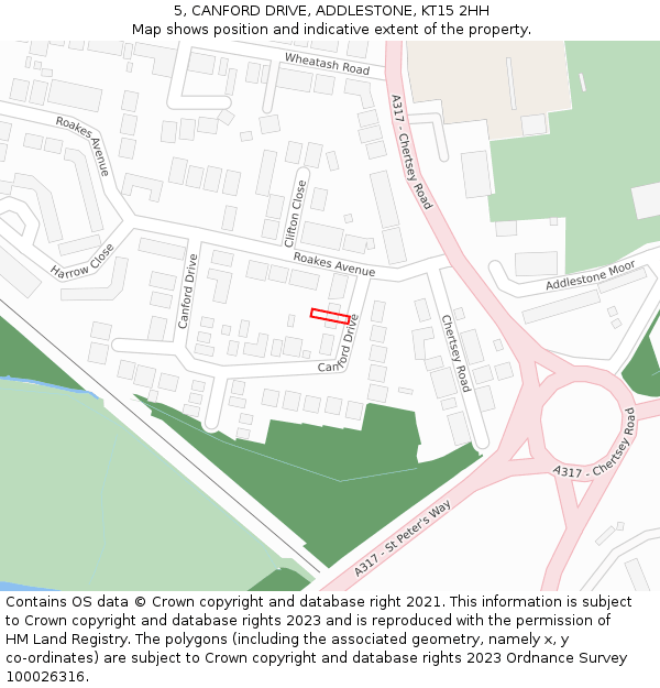 5, CANFORD DRIVE, ADDLESTONE, KT15 2HH: Location map and indicative extent of plot
