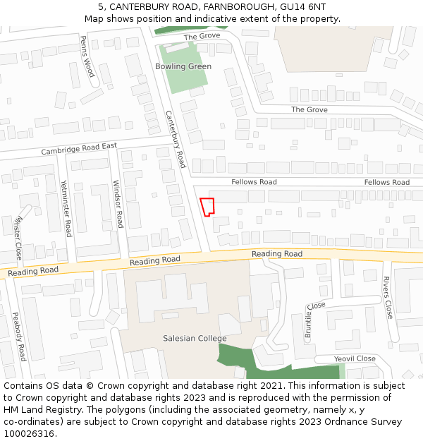 5, CANTERBURY ROAD, FARNBOROUGH, GU14 6NT: Location map and indicative extent of plot