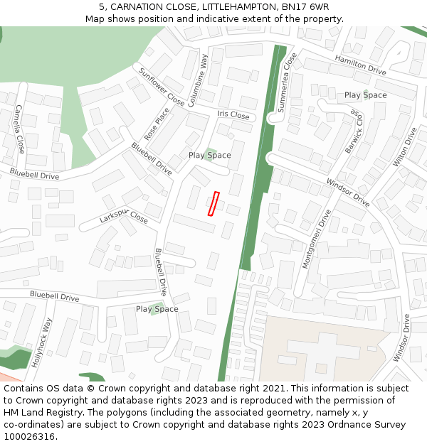 5, CARNATION CLOSE, LITTLEHAMPTON, BN17 6WR: Location map and indicative extent of plot
