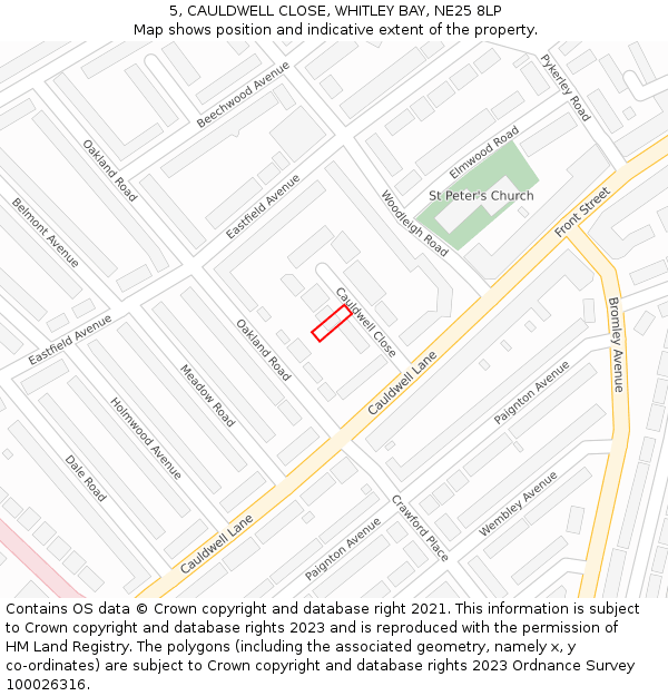 5, CAULDWELL CLOSE, WHITLEY BAY, NE25 8LP: Location map and indicative extent of plot