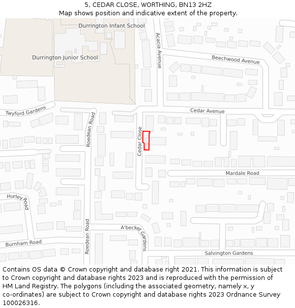 5, CEDAR CLOSE, WORTHING, BN13 2HZ: Location map and indicative extent of plot