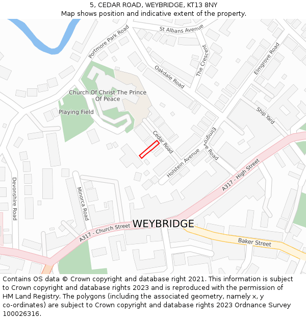 5, CEDAR ROAD, WEYBRIDGE, KT13 8NY: Location map and indicative extent of plot