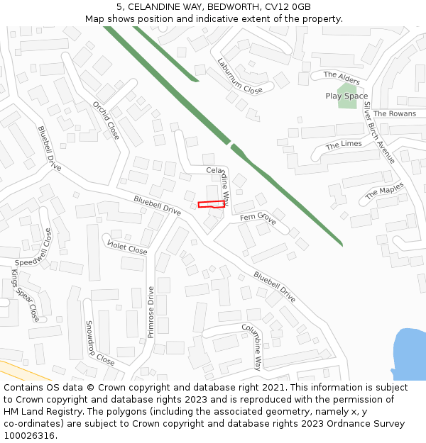5, CELANDINE WAY, BEDWORTH, CV12 0GB: Location map and indicative extent of plot