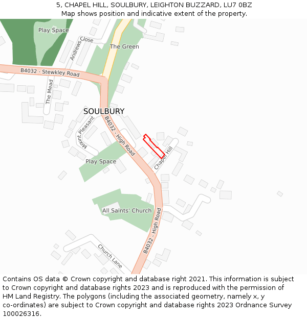 5, CHAPEL HILL, SOULBURY, LEIGHTON BUZZARD, LU7 0BZ: Location map and indicative extent of plot