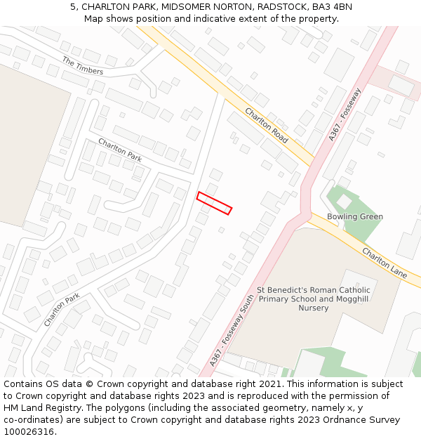 5, CHARLTON PARK, MIDSOMER NORTON, RADSTOCK, BA3 4BN: Location map and indicative extent of plot