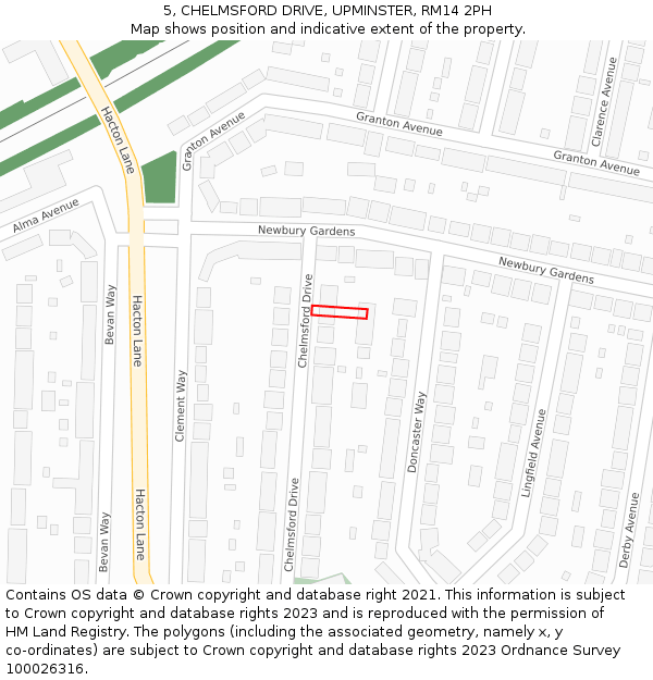 5, CHELMSFORD DRIVE, UPMINSTER, RM14 2PH: Location map and indicative extent of plot