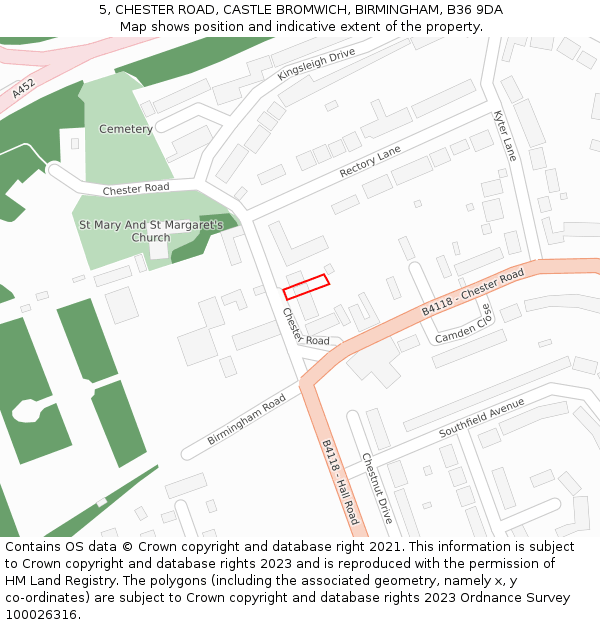 5, CHESTER ROAD, CASTLE BROMWICH, BIRMINGHAM, B36 9DA: Location map and indicative extent of plot