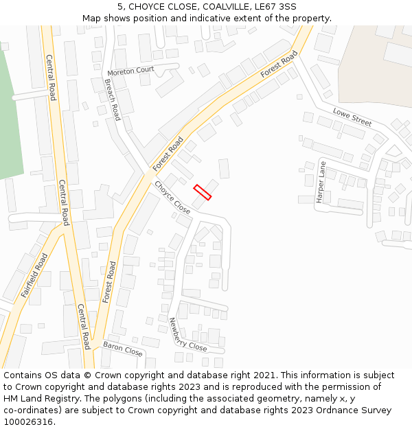 5, CHOYCE CLOSE, COALVILLE, LE67 3SS: Location map and indicative extent of plot