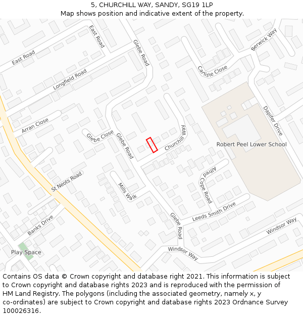 5, CHURCHILL WAY, SANDY, SG19 1LP: Location map and indicative extent of plot