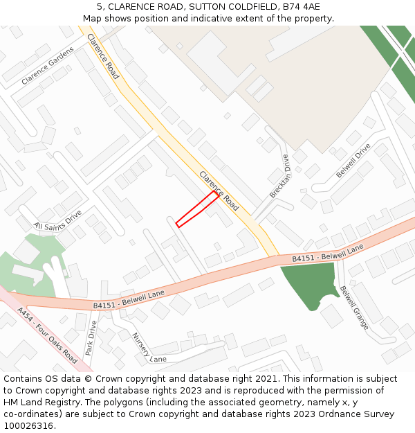 5, CLARENCE ROAD, SUTTON COLDFIELD, B74 4AE: Location map and indicative extent of plot