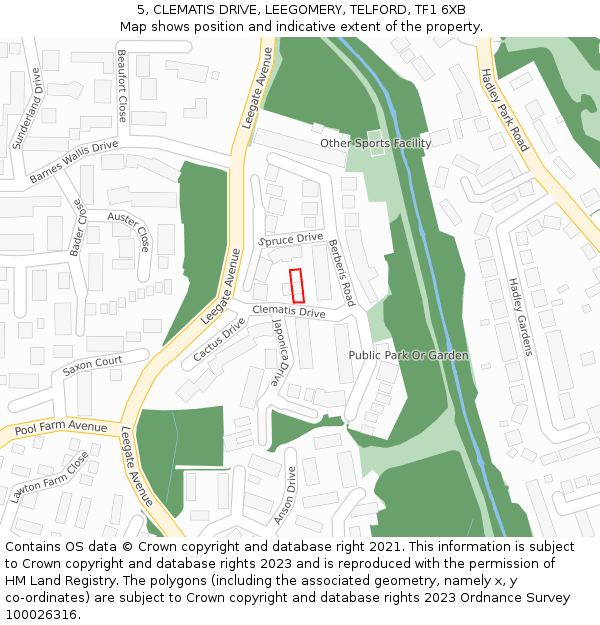 5, CLEMATIS DRIVE, LEEGOMERY, TELFORD, TF1 6XB: Location map and indicative extent of plot