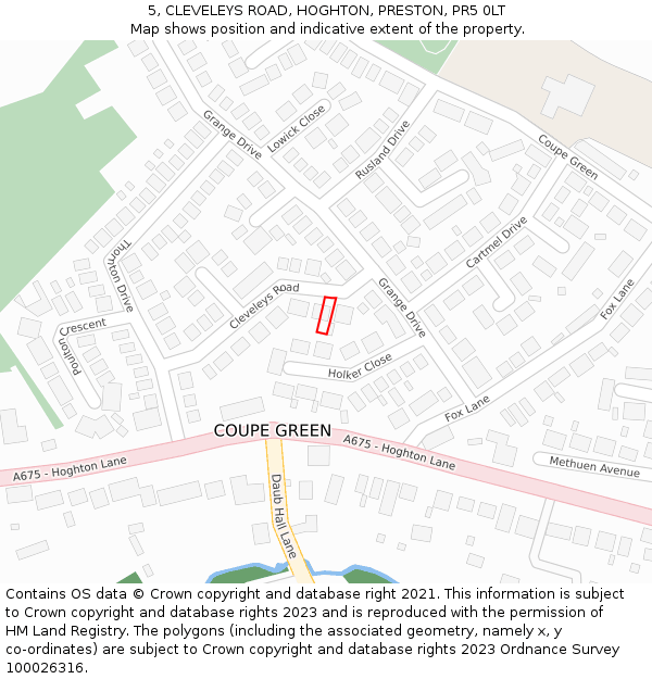 5, CLEVELEYS ROAD, HOGHTON, PRESTON, PR5 0LT: Location map and indicative extent of plot